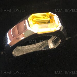 Emerald Cut Canary Yellow CZ Diamond Ring, 14k White Gold Finish, 925 Sterling Silver, Half Bezel Set - Valentine&#39;s Day Jewelry Gift for Her