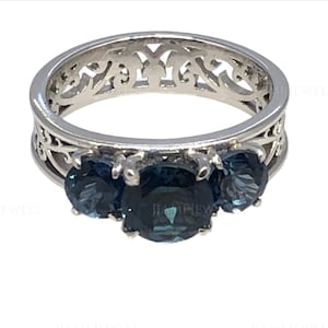 Art Deco London Blue Topaz Ring: Filigree Sterling Silver, 3Ct