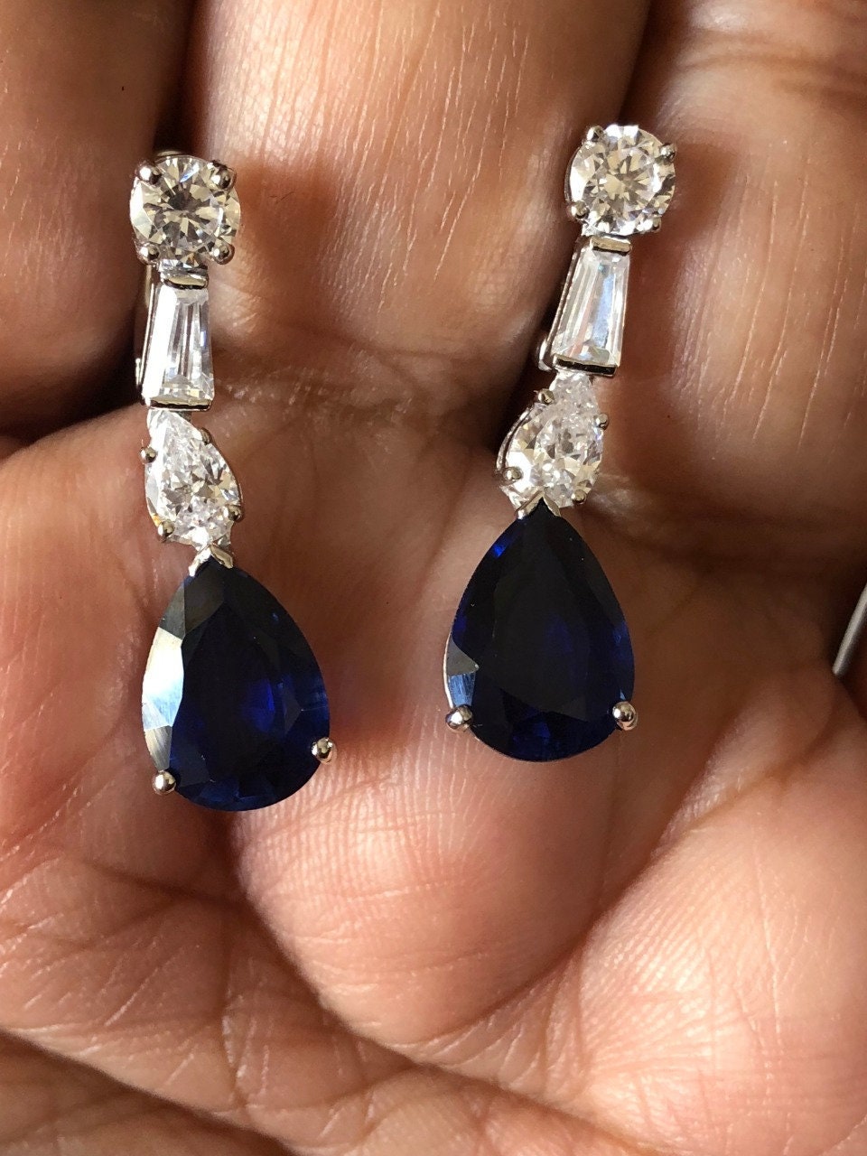 Blue Simulated Sapphire CZ Diamond Pear Drop Dangle Earrings