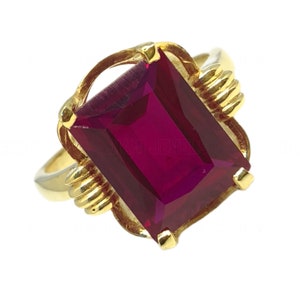 Vintage Radiant Cut Simulated Ruby Ring | Claddagh Style Art Deco Ring in Gold Finish