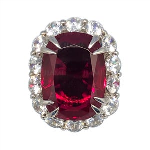 Large Art Deco Simulated Ruby Diamond CZ Ring | Cushion Halo 925 Silver Deco Cocktail