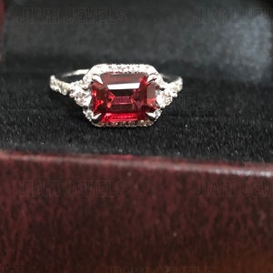 Emerald Cut Red Wine Ruby CZ Diamond Engagement Ring 14k White Gold Finish 925 Sterling Silver