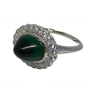 Emerald Cabochon Ring Sugar Loaf Cut | Vintage Art Deco Simulated Diamond Cocktail Jewelry | 14k White Gold Finish 925 Silver Gift for Her