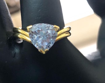 Trillion Cut Aquamarine Simulant Solitaire Engagement Ring 14k Yellow Gold Finish 925 Sterling Silver Jewelry All Sizes