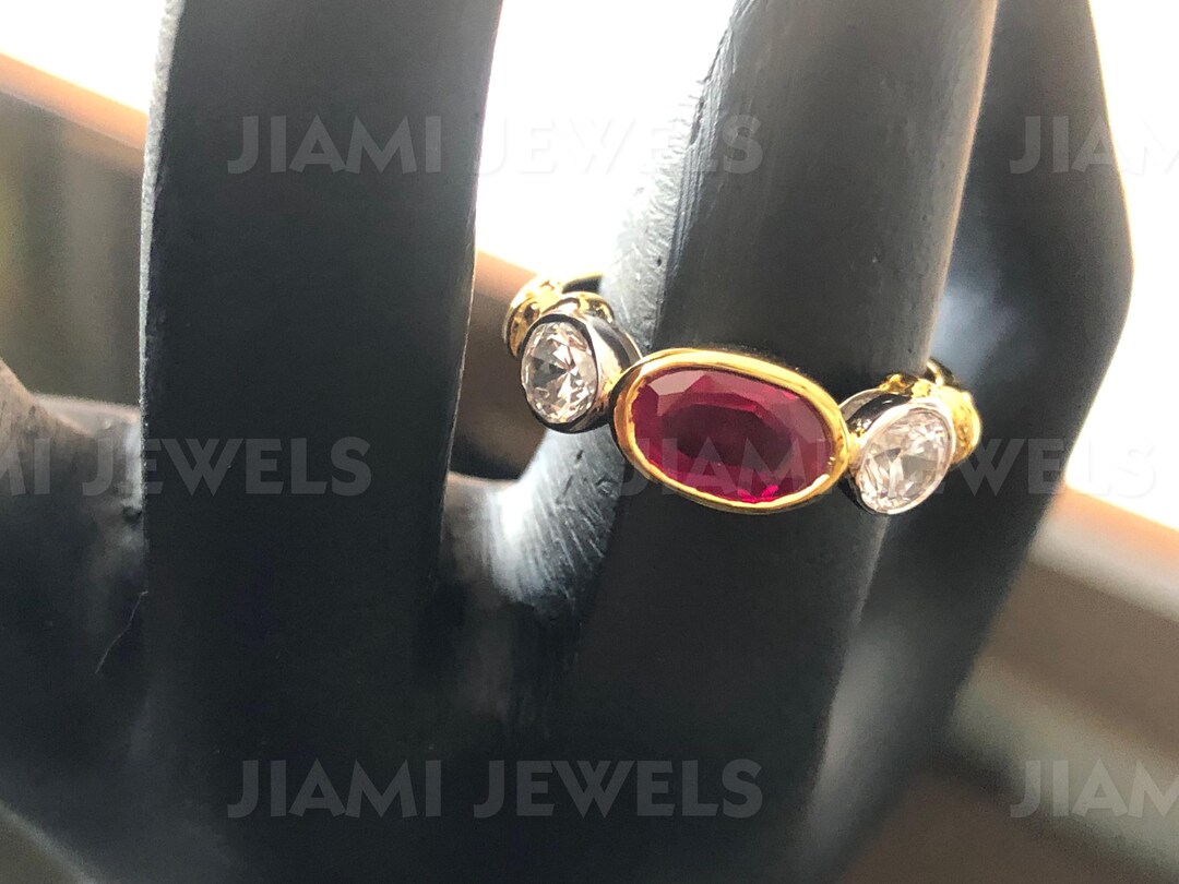 Bezel Faux Ruby Three-stone Engagement Ring, Vintage Style Set Oval ...