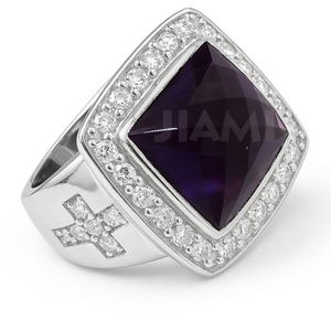 Simulated Amethyst Moissanite Christian Bishop Cross Ring | 14k Yellow Gold or 925 Sterling Silver | Cushion Checkered Statement Biker Ring
