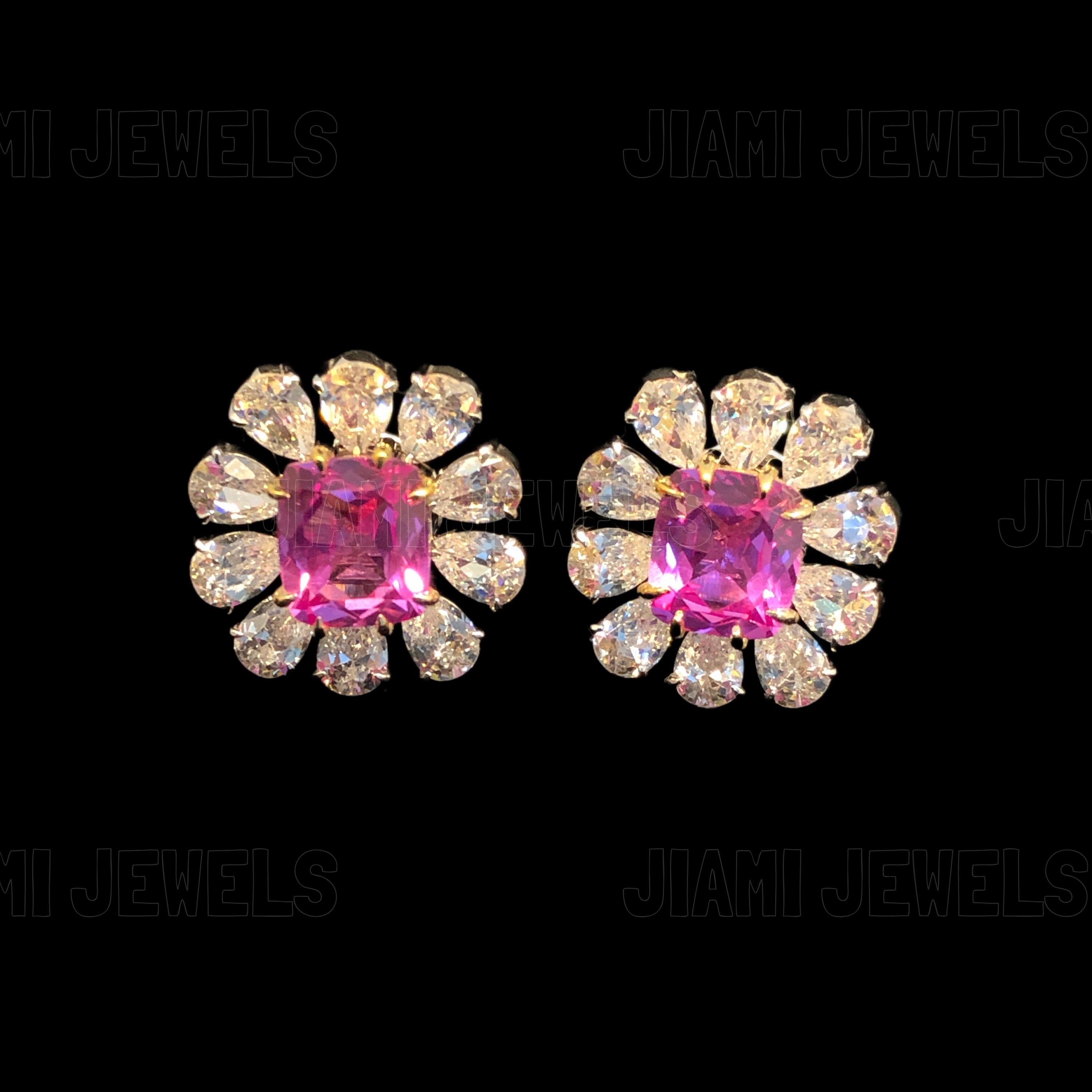 ピンクサファイア 模造ダイヤモンド フラワー スタッドピアス | 925