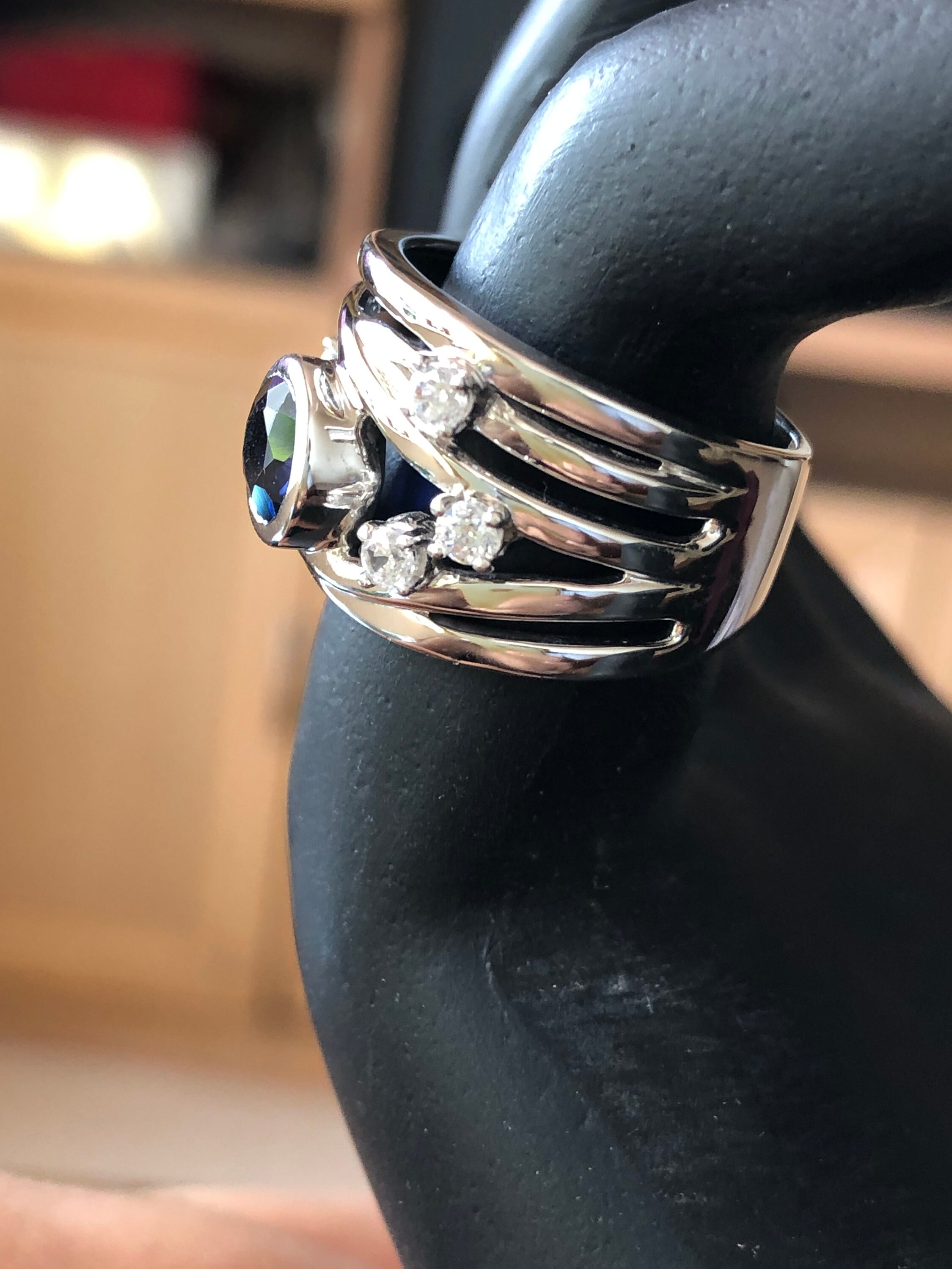 Anello Donna Meera Jewelers Argento 935 Con Zaffiro Simulato Blu E Bianco Stile Art Déco - Foto 2