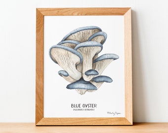 Blue Oyster Mushroom Watercolor Art Print, Mushroom Painting, Mushroom Wall Art, Kitchen Decor, Garden Decor, Kitchen Art Prints