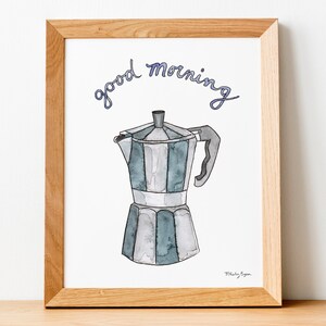 Good Morning Watercolor Art Print, Coffee Art, Kitchen Decor, Bialetti, Moka Pot, Espresso, Food Illustration, Artwork, Painting,