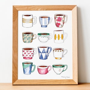 Mug Collection Watercolor Art Print, Mug Painting, Coffee Painting, Tea Painting, Kitchen Decor, Coffee Wall Art, Tea Wall Art