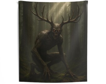 Väggtapet med skogsvarelse i Wendigo-stil | Dekoration med skräckmonster med horn