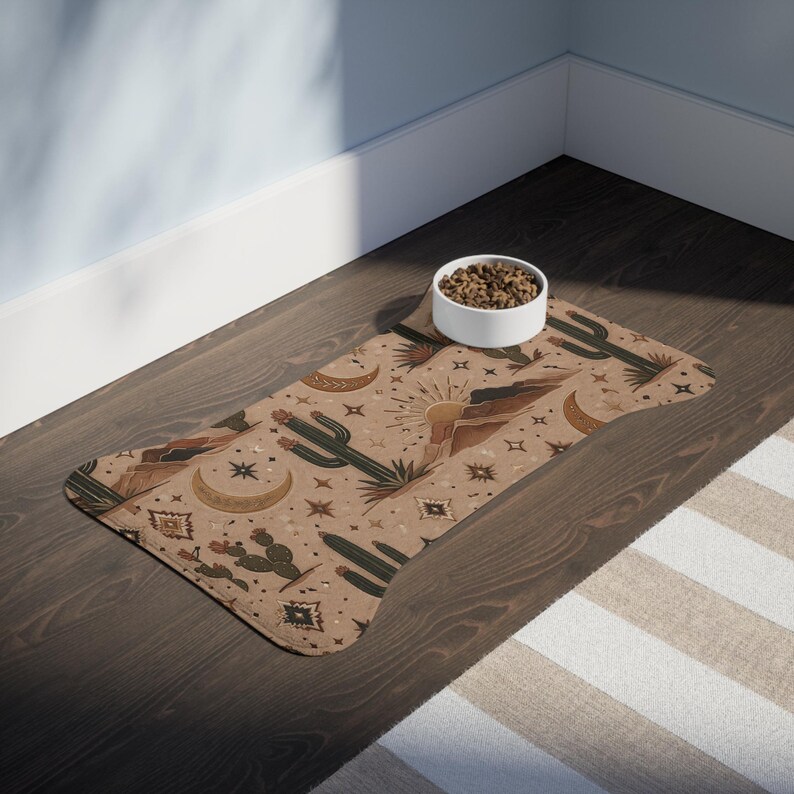 Alfombrilla para comedero de perro estilo bohemio del desierto, alfombrilla para cuenco de mascota estilo suroeste, mantel individual neutro con estampado de cactus para perros, alfombrilla absorbente para mascotas, regalo para amantes de los perros. imagen 3