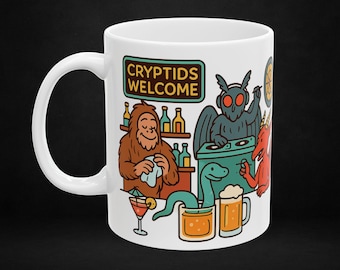 Taza de bienvenida de Cryptids / Escena de bar de Bigfoot y Mothman