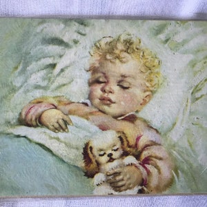 Vintage Art Lithograph Baby Girl Boy Kitten Puppy Set of 2 Cute  5 x 7 Litho in USA Like Oil Paintings 50&#39;s