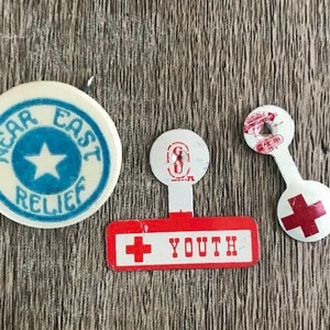 Vintage WWII Red Cross tab and Youth tabs and Near East Relief pin lot (6) 3 pins