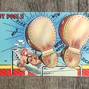 WWII Army Humor Post Card &quot;HOT DOGS!! Wow-Pop-Ouch&quot; Linen 40&#39;s Wac Comics
