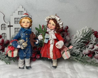 Gesponnener Weihnachts-Baumwollornament, Vintage-Weihnachten für Kinder, hängendes Wollspielzeug, Retro-Weihnachten, viktorianische Weihnachten, antike Puppen, handgemachtes Dekor