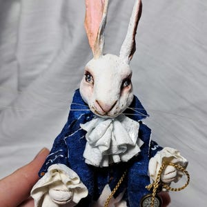 Spun cotton ornament rabbit, rabbit with clock, white rabbit, rabbit lover gift, bunny ornament,rabbit figure image 2