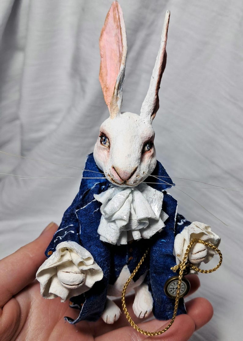 Spun cotton ornament rabbit, rabbit with clock, white rabbit, rabbit lover gift, bunny ornament,rabbit figure image 2