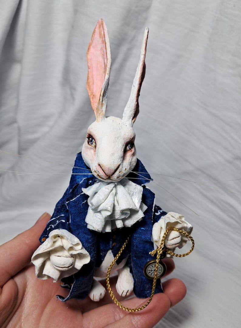 Spun cotton ornament rabbit, rabbit with clock, white rabbit, rabbit lover gift, bunny ornament,rabbit figure image 8