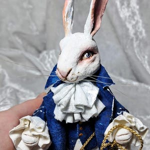 Spun cotton ornament rabbit, rabbit with clock, white rabbit, rabbit lover gift, bunny ornament,rabbit figure image 3