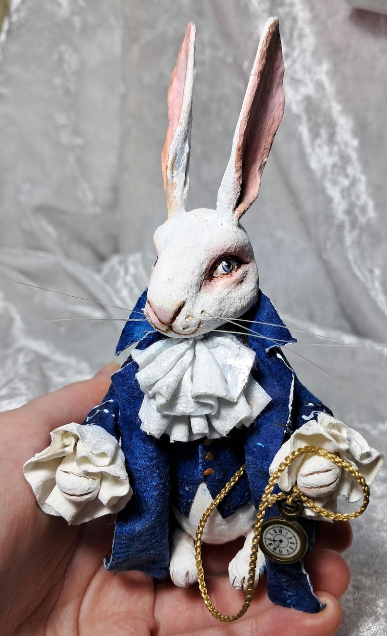 Spun cotton ornament rabbit, rabbit with clock, white rabbit, rabbit lover gift, bunny ornament,rabbit figure image 3