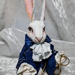 Spun cotton ornament rabbit, rabbit with clock, white rabbit, rabbit lover gift, bunny ornament,rabbit figure image 5