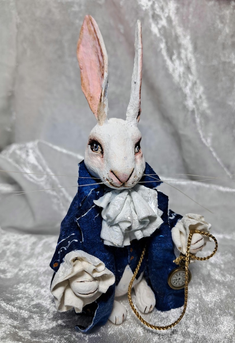 Spun cotton ornament rabbit, rabbit with clock, white rabbit, rabbit lover gift, bunny ornament,rabbit figure image 5