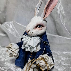 Spun cotton ornament rabbit, rabbit with clock, white rabbit, rabbit lover gift, bunny ornament,rabbit figure image 7