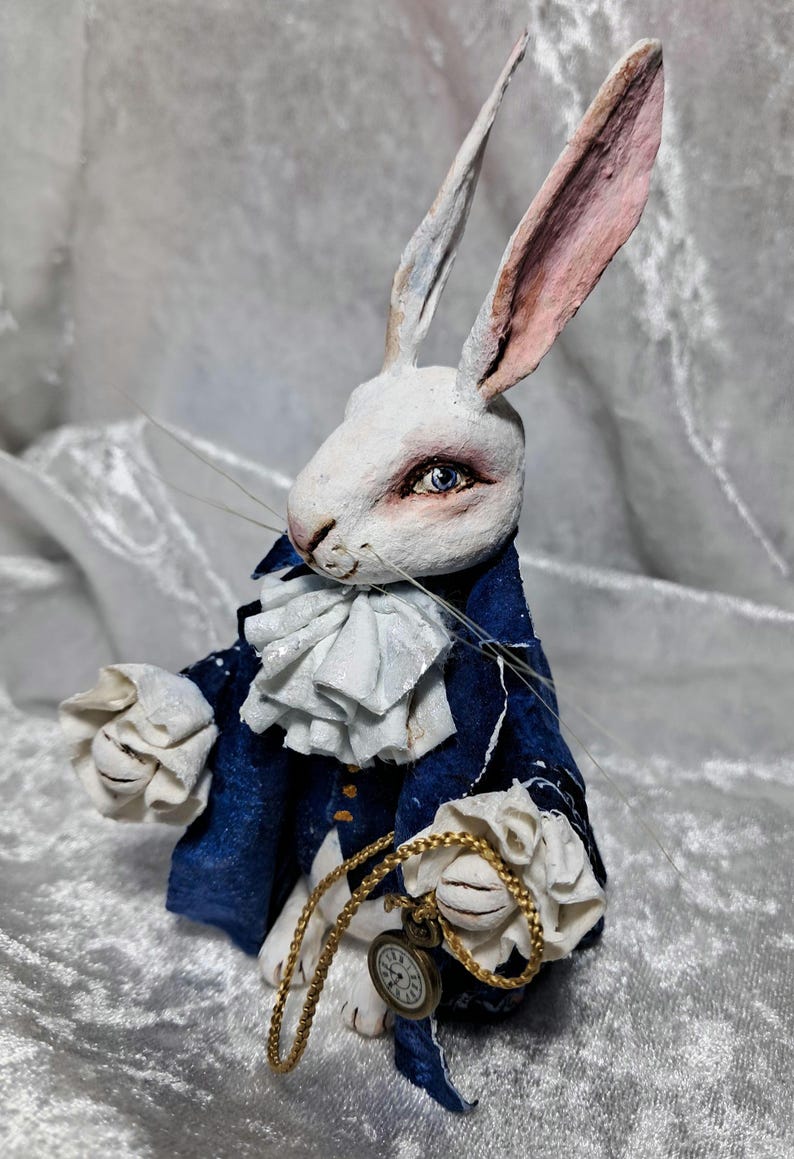 Spun cotton ornament rabbit, rabbit with clock, white rabbit, rabbit lover gift, bunny ornament,rabbit figure image 7