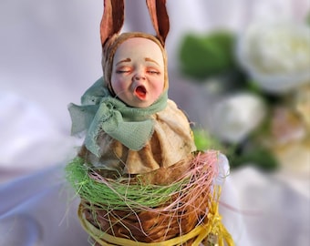 Handmade Cotton Bunny Doll in Basket – Vintage Style Easter Decoration – Hand Painted Face – OOAK Soft Sculpture