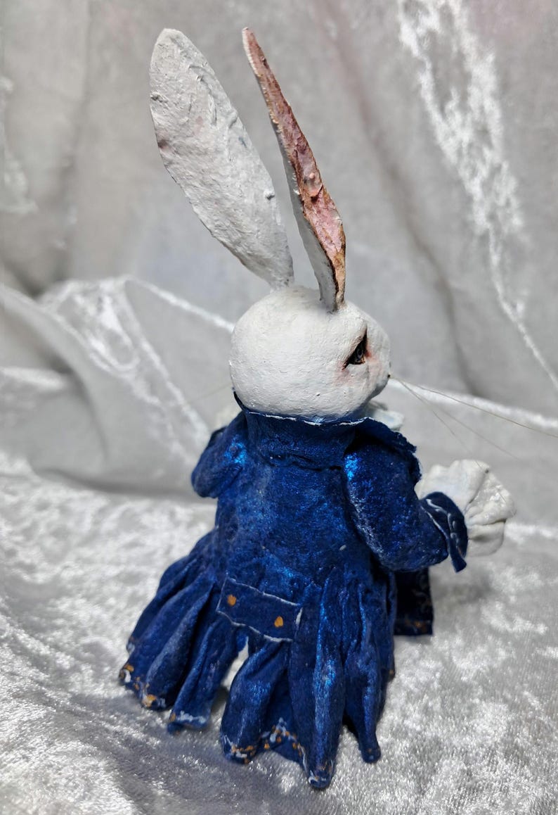 Spun cotton ornament rabbit, rabbit with clock, white rabbit, rabbit lover gift, bunny ornament,rabbit figure image 6