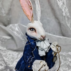 Spun cotton ornament rabbit, rabbit with clock, white rabbit, rabbit lover gift, bunny ornament,rabbit figure image 4