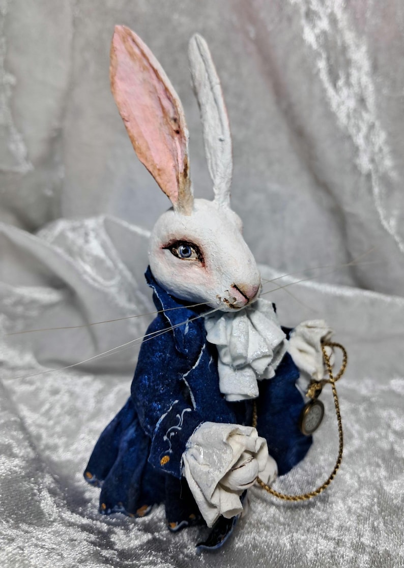Spun cotton ornament rabbit, rabbit with clock, white rabbit, rabbit lover gift, bunny ornament,rabbit figure image 4