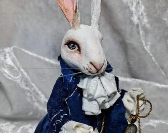 Spun cotton ornament rabbit, rabbit with clock, white rabbit, rabbit lover gift, bunny ornament,rabbit figure