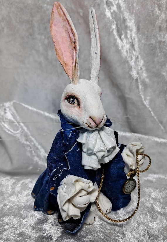 Spun cotton ornament rabbit, rabbit with clock, white rabbit, rabbit lover gift, bunny ornament,rabbit figure