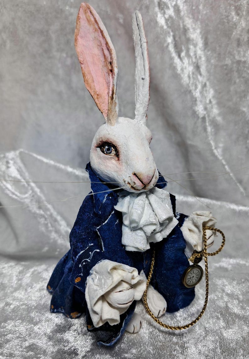 Spun cotton ornament rabbit, rabbit with clock, white rabbit, rabbit lover gift, bunny ornament,rabbit figure image 1