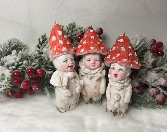 Set of 3 spun cotton mushroom sculpture holiday Amanita muscaria mushroom tree decor Fairy garden Porciny fungus porciny fungus toys