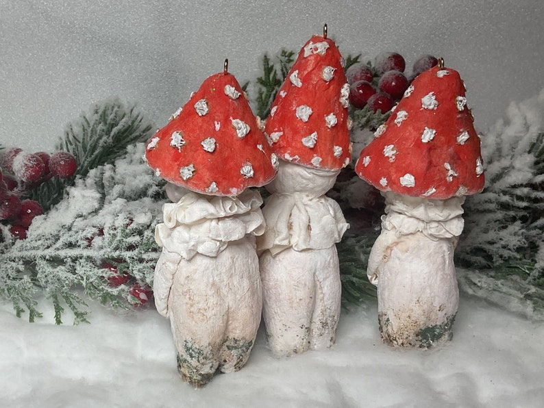 Set mit 3 Pilzskulpturen aus gesponnener Baumwolle, Feiertags-Amanita-Muscaria-Pilz, Baumdekoration, Feengarten, Steinpilz, Steinpilz-Spielzeug Bild 2