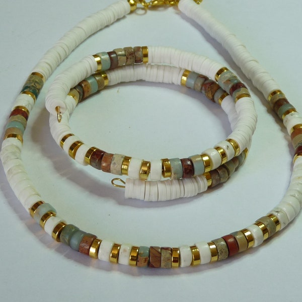 Collier fin style surfeur, perles heishi, pierre naturelle jaspe aqua terra, bracelet et boucles d'oreilles PA206