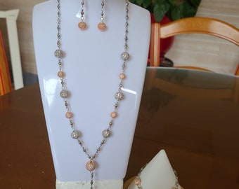 Parure mariage Collier, bracelet et boucles sur chaine argentée avec perles rondes en laiton micro pavé de zircones cubiques PA453
