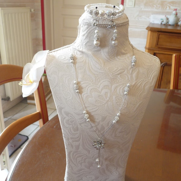 Parure mariage collier sur chaine serpentine avec perles en verre nacré, boucles d'oreilles et bracelet PA279