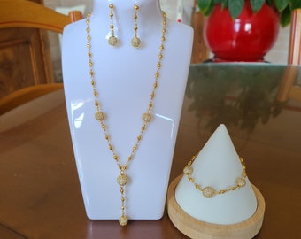 Parure mariage collier, bracelet et boucles chaine dorée avec perles micro pavé de zircones cubiques dorées PA451