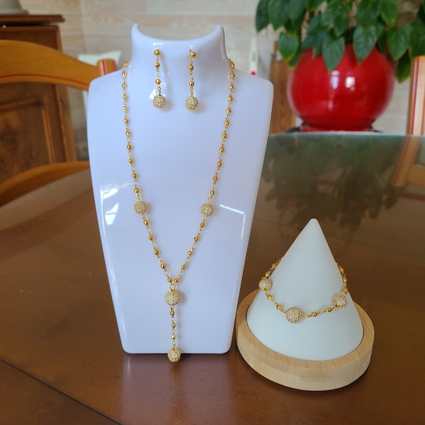 Parure mariage collier, bracelet et boucles chaine dorée avec perles micro pavé de zircones cubiques dorées PA451
