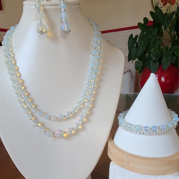 Parure mariage bracelet, collier et boucles perles opaline PA468