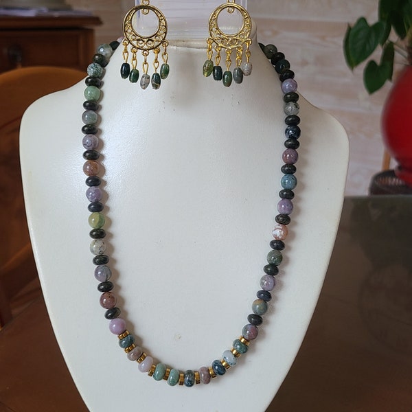 Parure collier et boucles d'oreilles en pierres naturelles agate indienne PA560