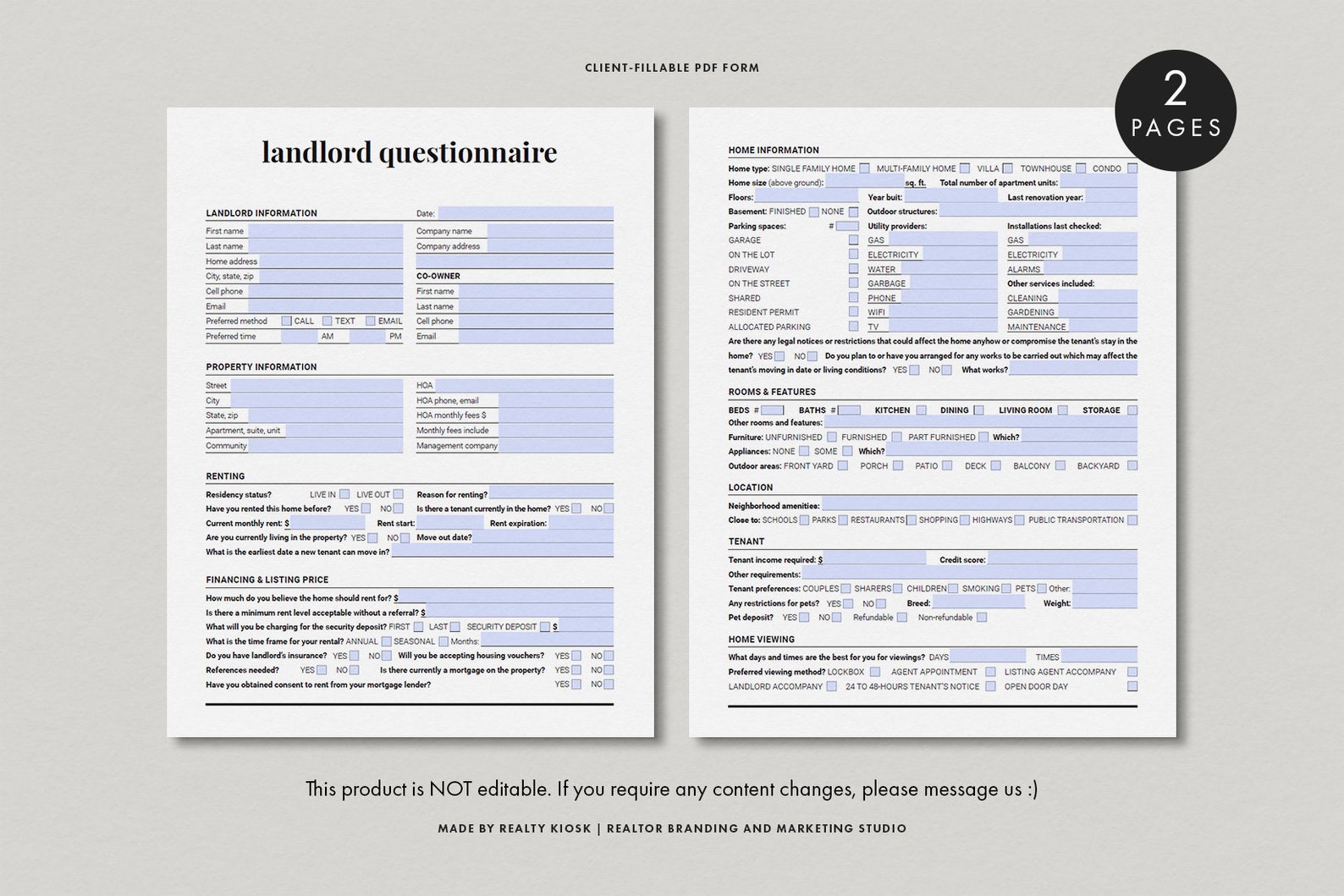 Fillable Real Estate Landlord Form, Fillable Landlord Questionnaire ...