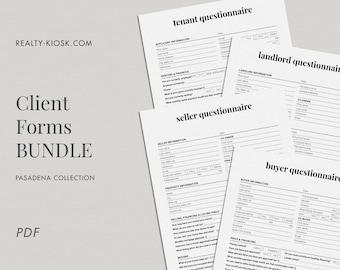 Paquete de bienes raíces, Cuestionario del comprador, Cuestionario del vendedor, Consulta del cliente, Formulario del propietario, Cuestionario del inquilino, Administración de la propiedad