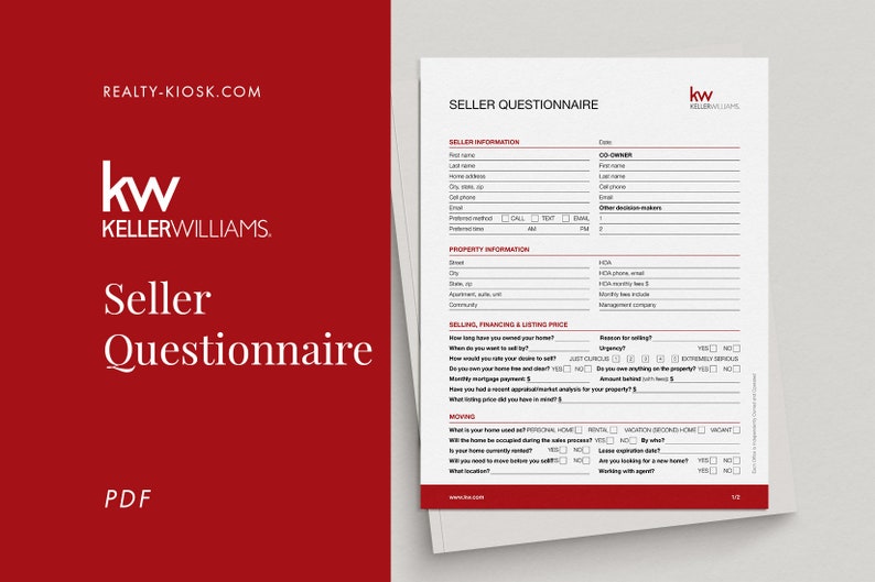 Keller Williams Seller Questionnaire, Client Consultation Form, Seller Consultation Questionnaire, Real Estate Form, KW Marketing, KW Realty image 1